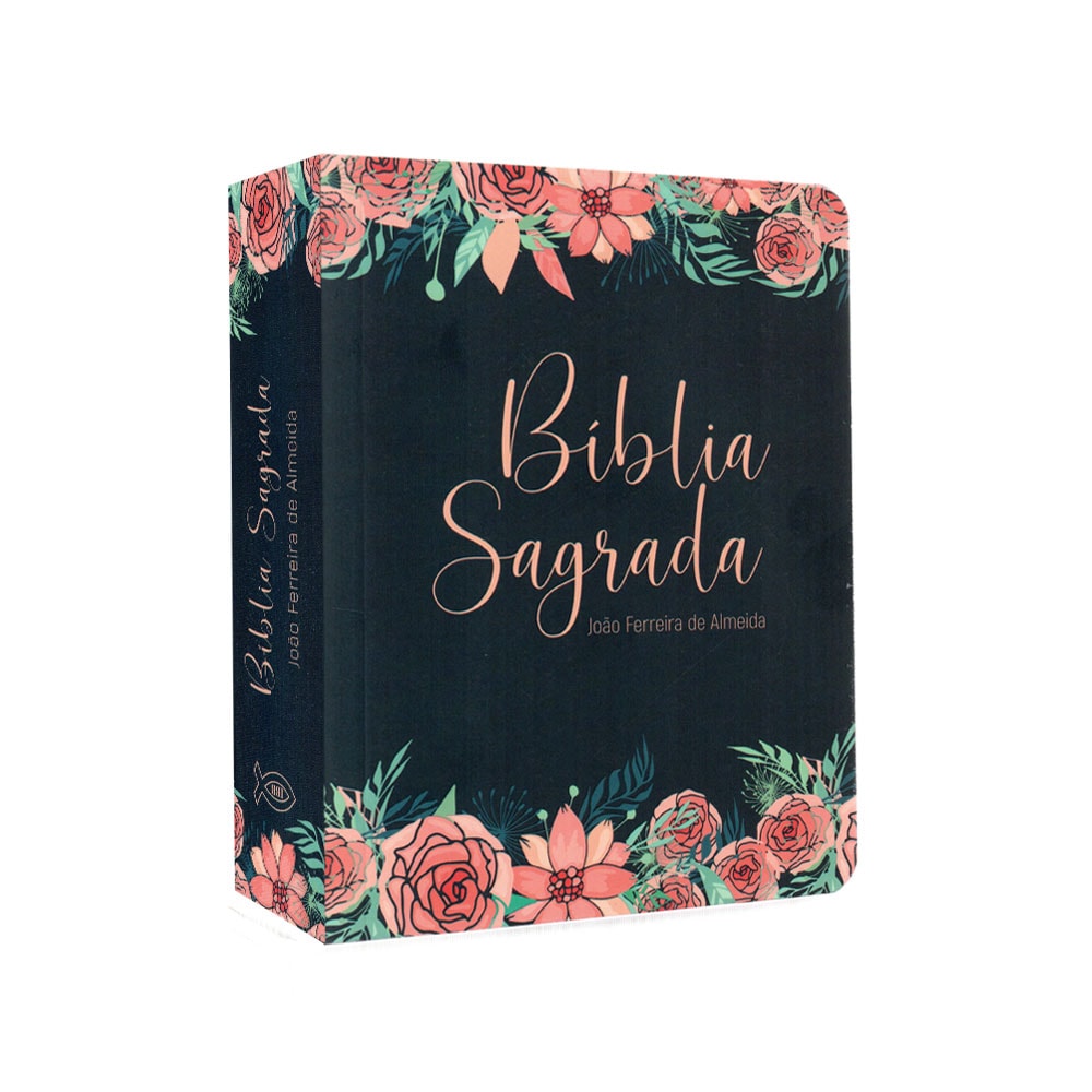 Bíblia Sagrada ARC, capa preta com flores em tons de rosa e verde, letra normal. — Plenitude