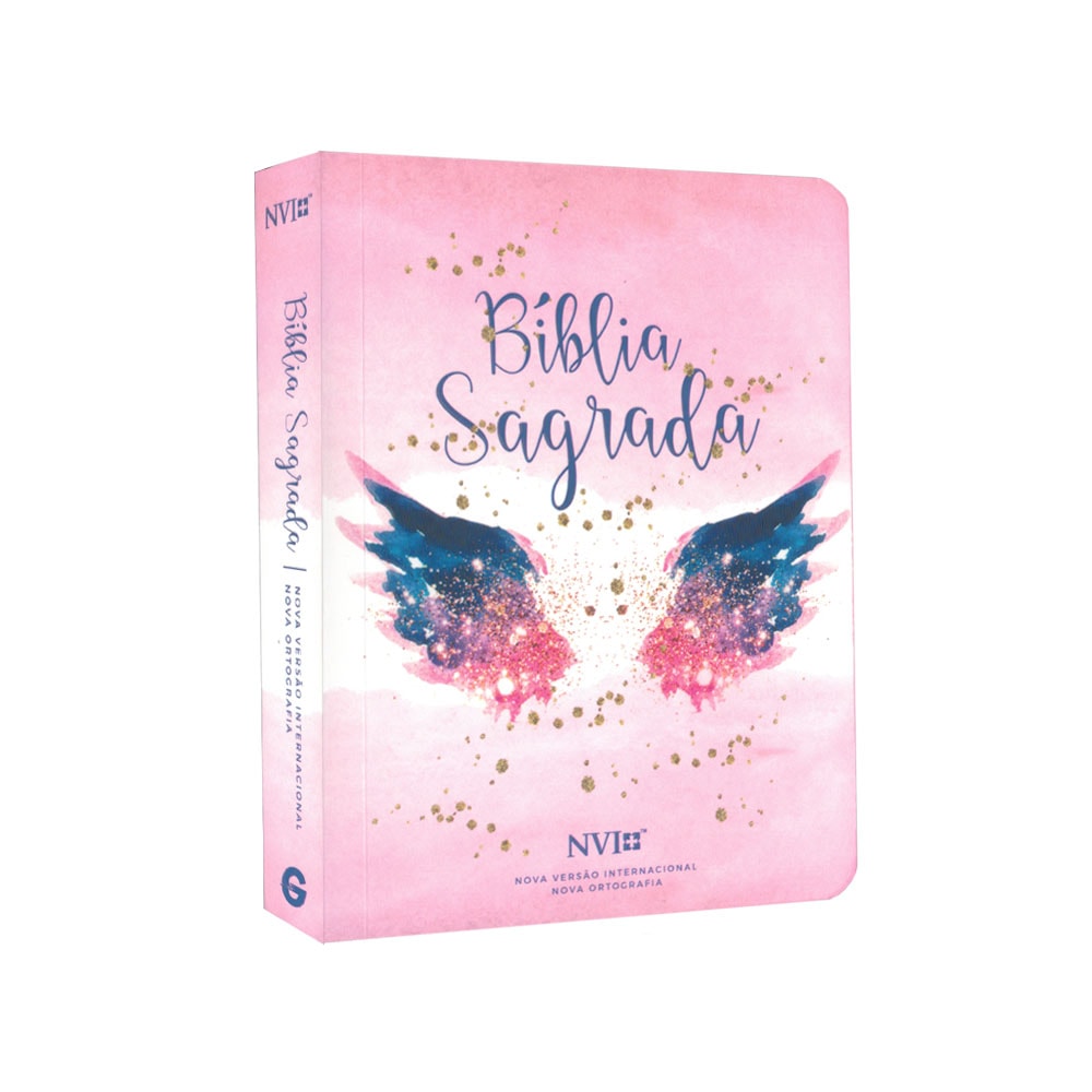 Bíblia Sagrada NVI rosa com asas coloridas e detalhes dourados, capa brochura. — Plenitude
