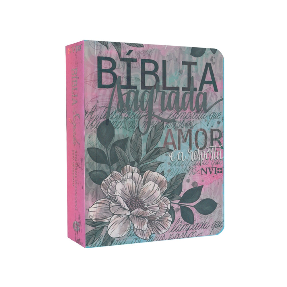 Bíblia Sagrada NVI, capa brochura com flores artísticas em tons de rosa, azul e verde, letra média. — Plenitude.