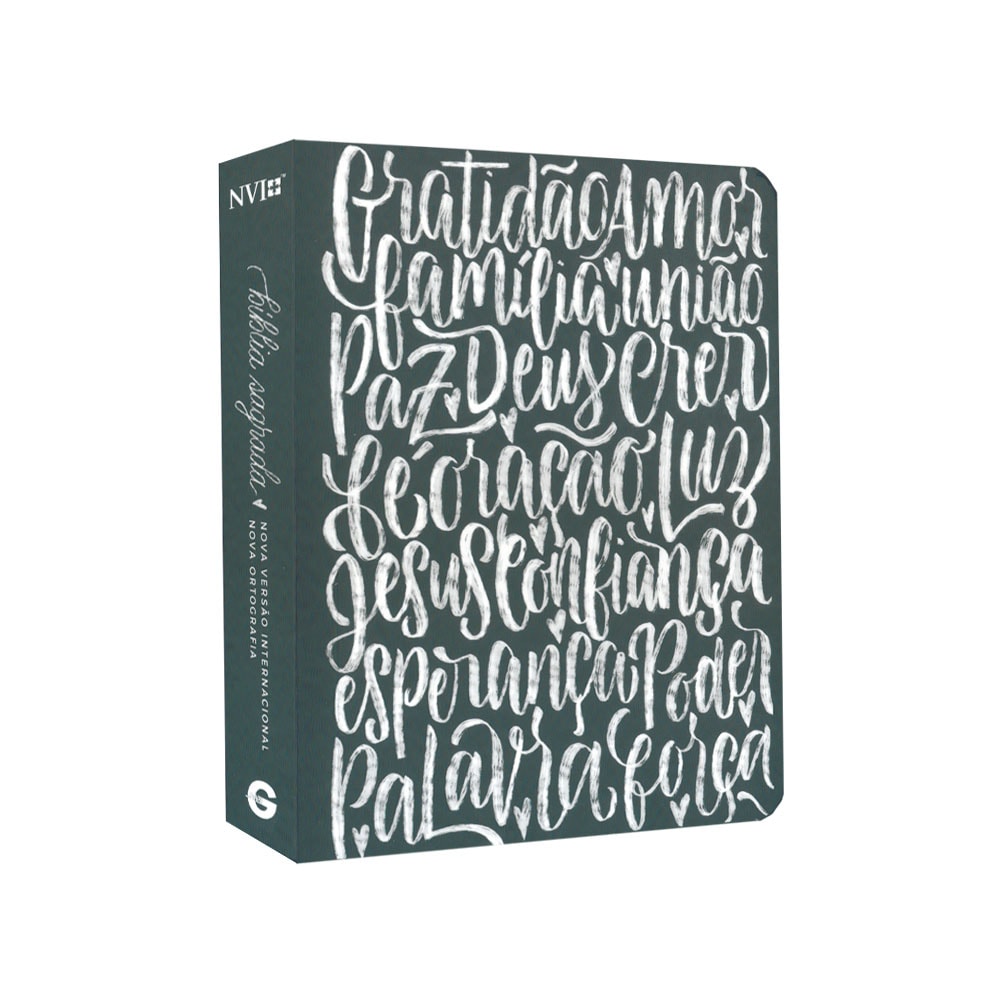 Bíblia Sagrada NVI verde-escura com palavras como Gratidão, Amor e Paz em caligrafia branca na capa. — Plenitude