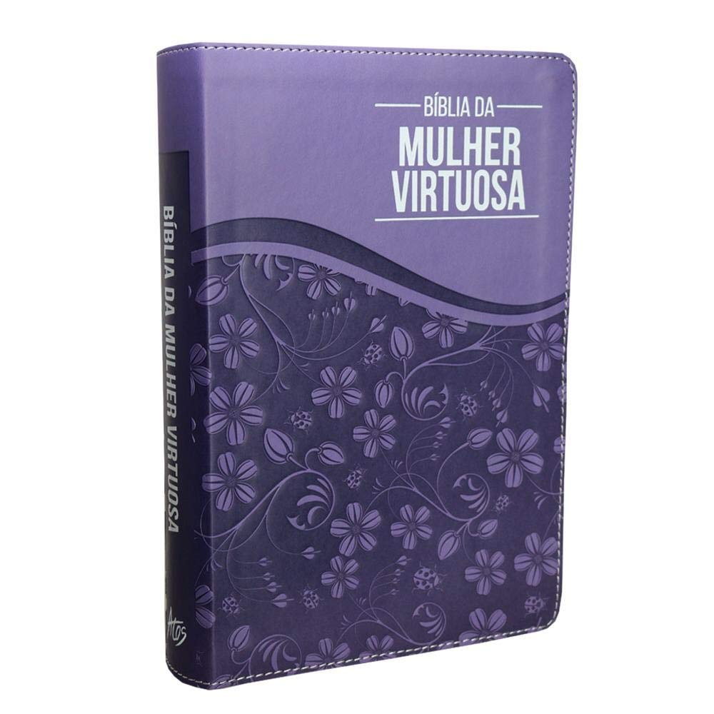 Bíblia da Mulher Virtuosa, ARC, letra normal, capa PU luxo roxa com estampa floral e joaninhas. — Plenitude