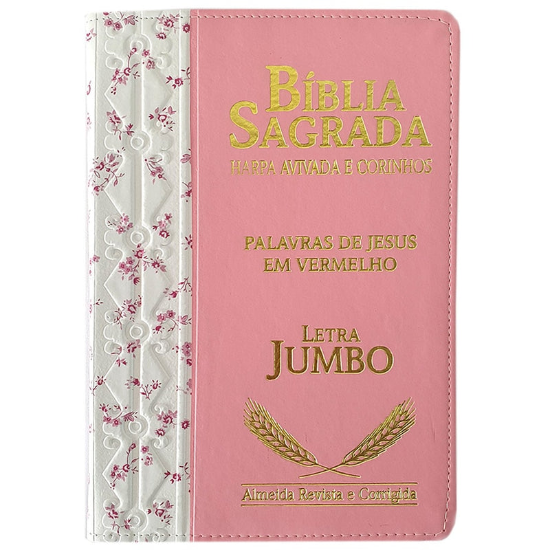 Bíblia Sagrada Harpa Avivada e Corinhos | ARC | Letra Jumbo | Índice | Bicolor Flores Rosa e Rosa
