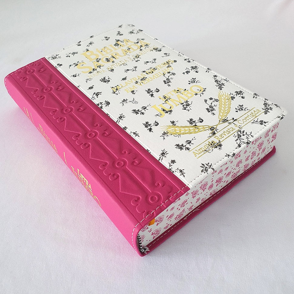 Bíblia Sagrada Harpa Avivada e Corinhos | ARC | Letra Jumbo | Índice | Bicolor Pink e Flores Preta