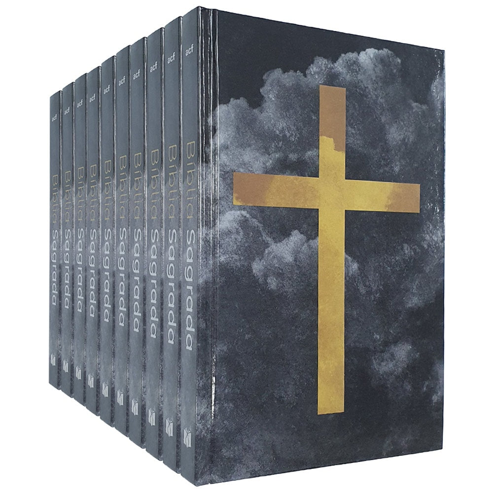Kit de 10 Bíblias Sagradas Cruz Cores ACF, capa dura preta com cruz dourada e nuvens. — Plenitude