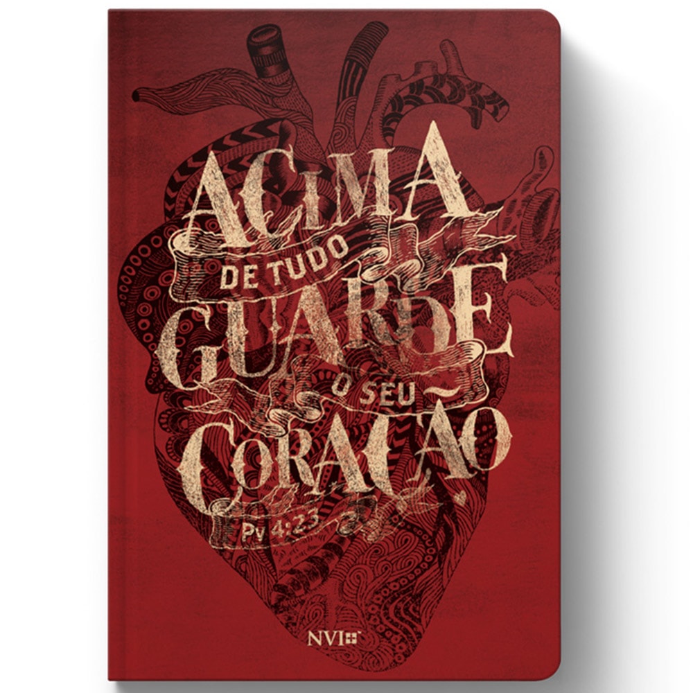 Bíblia Sagrada NVI capa flexível vermelha com ilustração de coração e texto "Acima de tudo, guarde o seu coração" — Plenitude