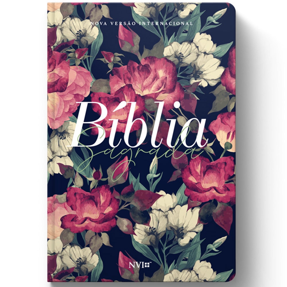 Bíblia Sagrada NVI, capa floral escura com rosas vermelhas e brancas, letras "Bíblia Sagrada" em destaque. — Plenitude