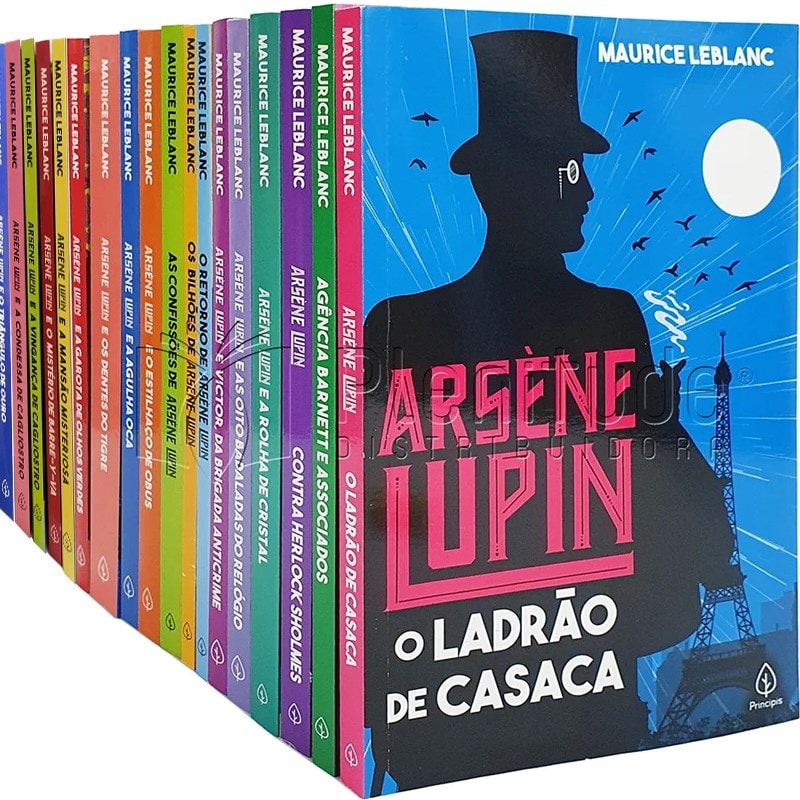 Kit de 21 Livros As Aventuras de Arsene Lupin, Obra Completa. Livros com capas coloridas e ilustração de homem de chapéu. — Plenitude