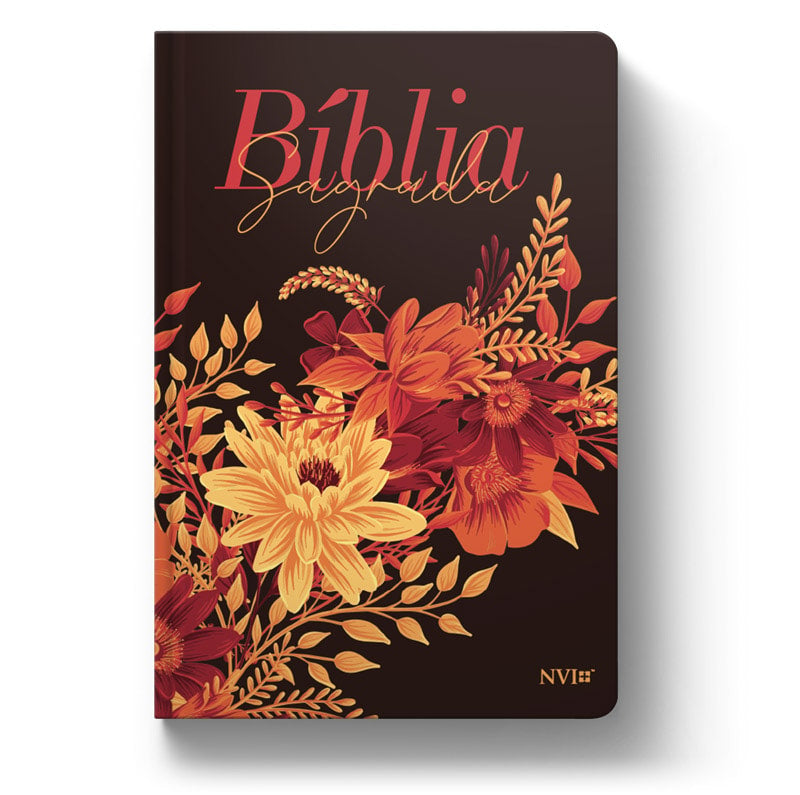Bíblia Sagrada NVI, capa preta com buquê de flores em tons de laranja e vermelho, letra maior. — Plenitude