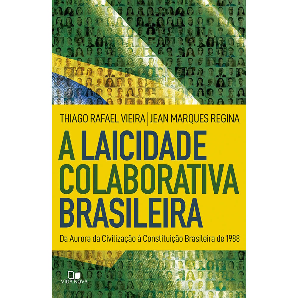 Livro A Laicidade colaborativa brasileira, capa verde e amarela com rostos de pessoas. — Plenitude