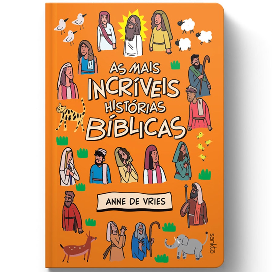 Capa dura laranja de livro infantil "As Mais Incríveis Histórias Bíblicas" com ilustrações de personagens bíblicos. — Plenitude
