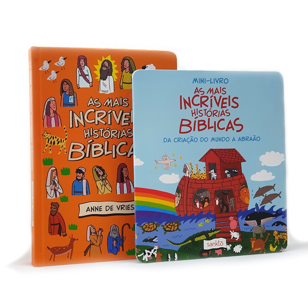 Kit As Mais Incríveis Histórias Bíblicas com Bíblia e Mini-livro, capas laranja e azul com ilustrações bíblicas. — Plenitude