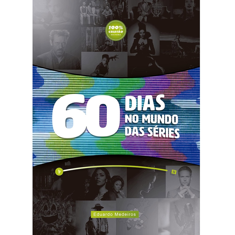 Livro 60 Dias no Mundo das Séries, capa preta e colorida com imagens de personagens de séries. — Plenitude