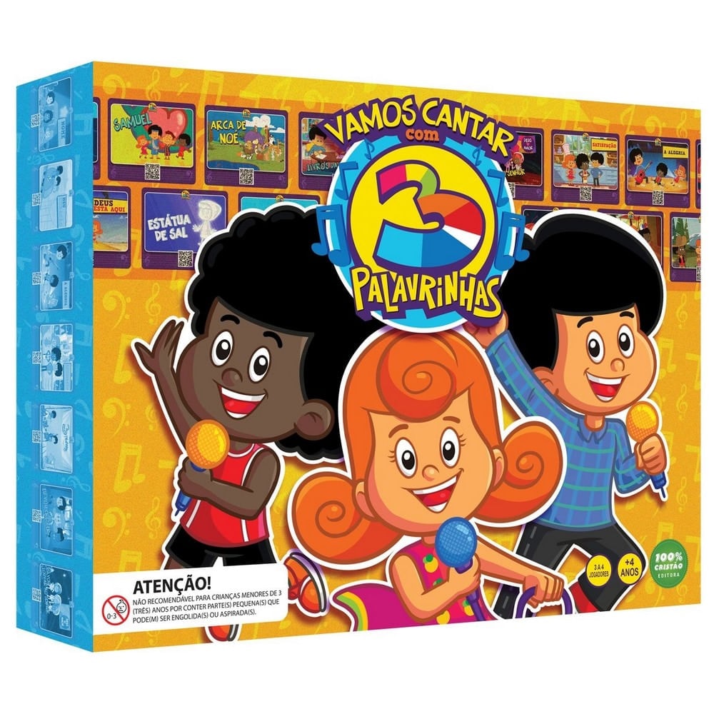 Jogo Vamos Cantar Com 3 Palavrinhas, caixa colorida com personagens infantis e microfones. — Plenitude