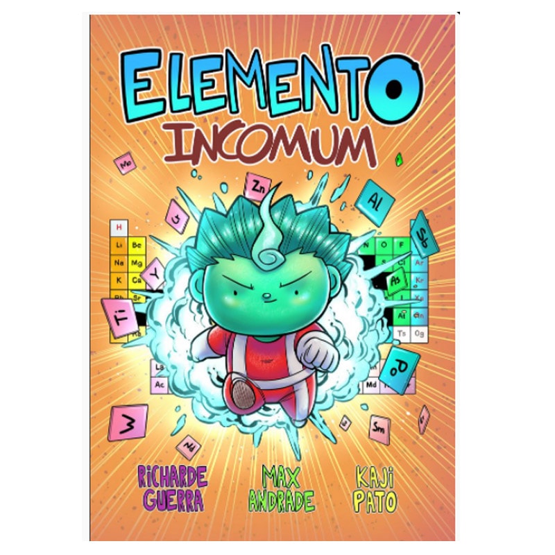 Livro Elemento Incomum, por Richarde Guerra, capa colorida com personagem de cabelo verde e elementos químicos. — Plenitude