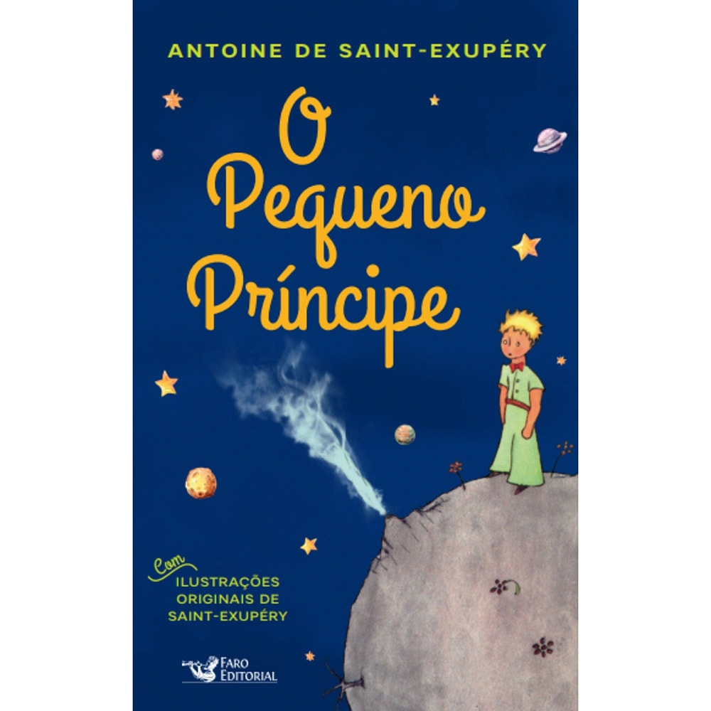 Livro O Pequeno Príncipe de Antoine de Saint-Exupéry, capa azul com Pequeno Príncipe em asteroide. — Plenitude