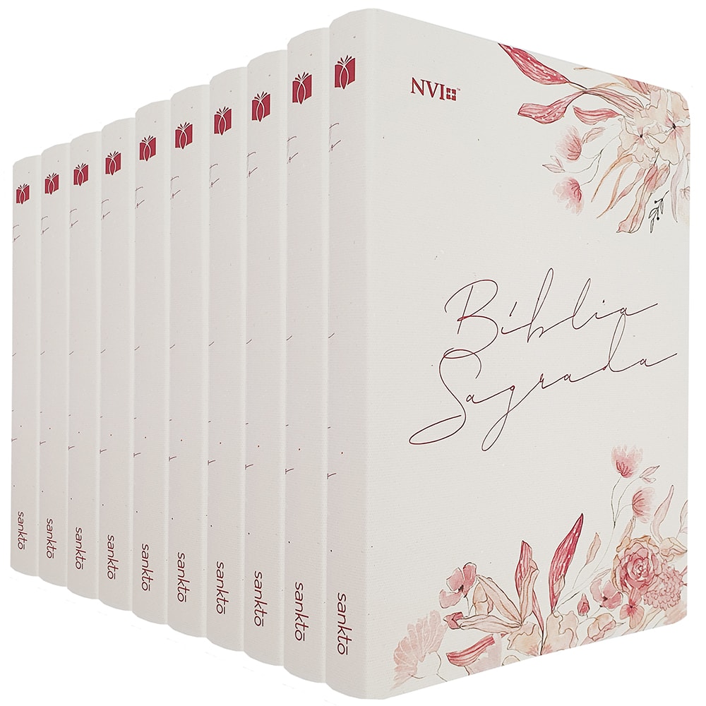 Kit de 10 Bíblias Sagradas Floral Creme NVI, capa flexível creme com flores em tons de rosa. — Plenitude
