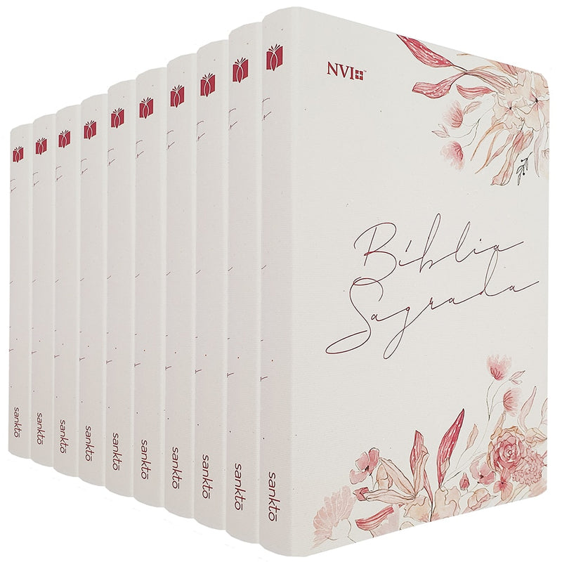 Kit de 10 Bíblias Sagradas Floral Creme NVI, capa flexível creme com flores em tons de rosa. — Plenitude