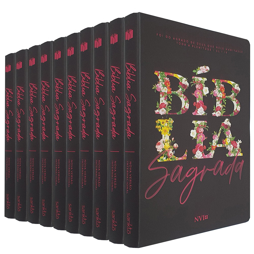 Kit de 10 Bíblias Sagradas Floral Primavera NVI, capa flexível preta com letras florais. — Plenitude