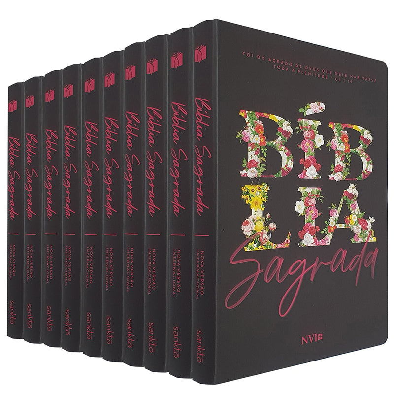 Kit de 10 Bíblias Sagradas Floral Primavera NVI, capa flexível preta com letras florais. — Plenitude