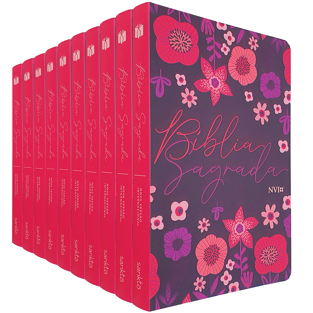Kit de 10 Bíblias Sagradas Jardim Floral Roxa NVI, capa flexível roxa com flores coloridas. — Plenitude