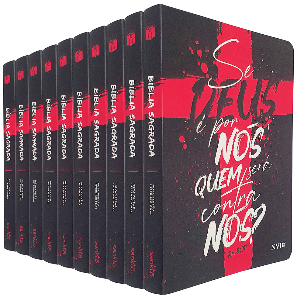 Kit de 10 Bíblias Se Deus é por nós Rm 8:31, NVI, Letra Normal, Capa. Capa preta com cruz vermelha. — Plenitude