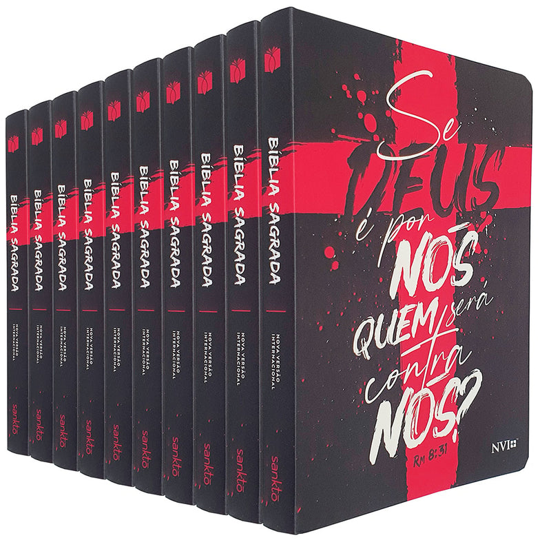 Kit de 10 Bíblias Se Deus é por nós Rm 8:31, NVI, Letra Normal, Capa. Capa preta com cruz vermelha. — Plenitude