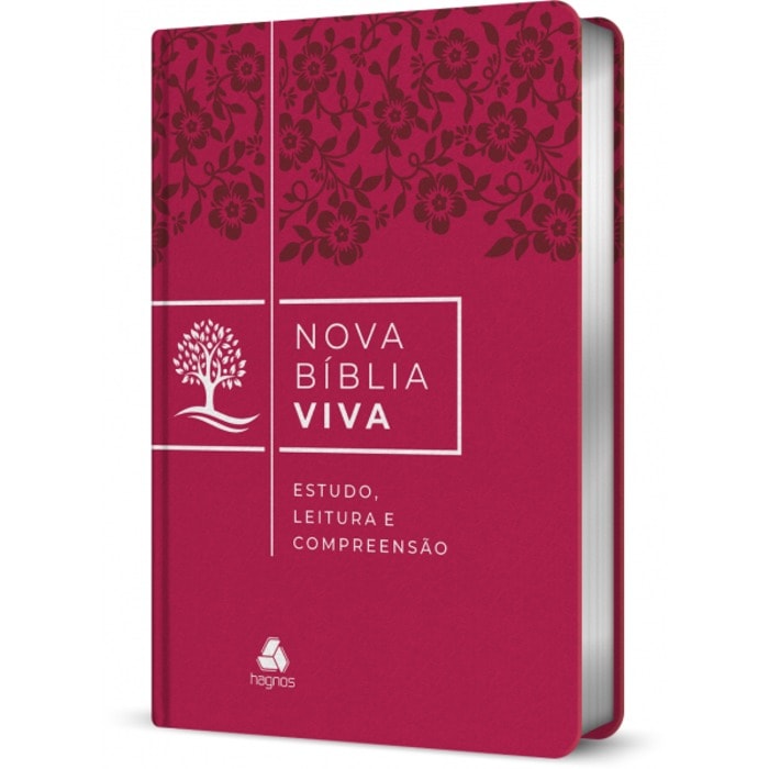 Bíblia de Estudo Nova Bíblia Viva, capa rosa com flores bordô, árvore da vida, letra média. — Plenitude