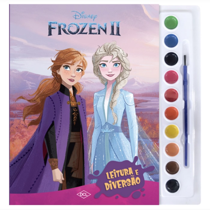 Livro de colorir Disney Aquarela Frozen II, capa com personagens Elsa e Anna e conjunto de tintas — Plenitude