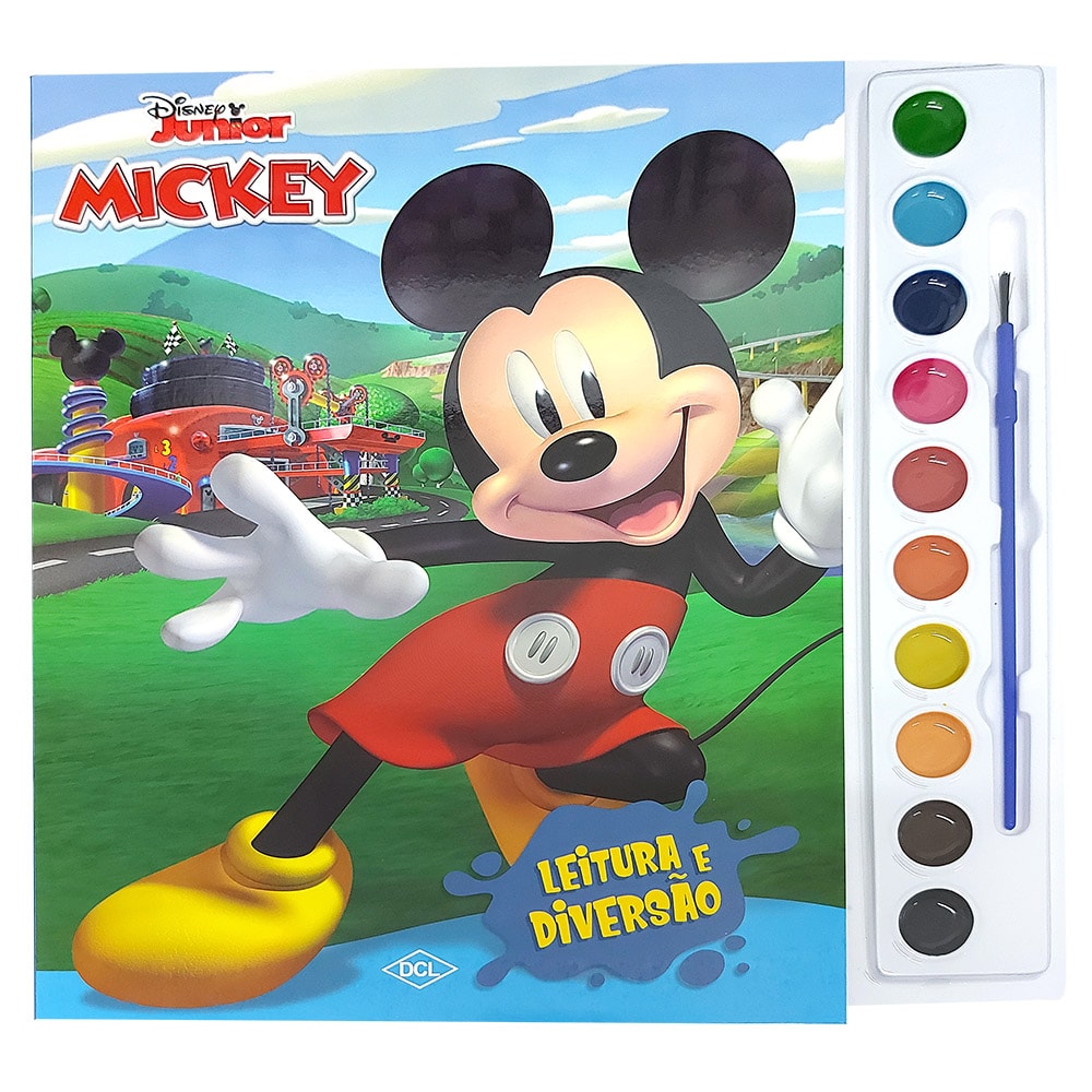 Livro de colorir Disney Aquarela Mickey, capa com personagem Mickey e conjunto de tintas — Plenitude