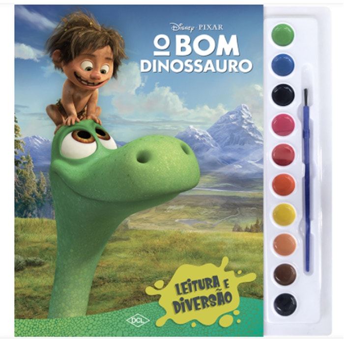 Livro de colorir Disney Aquarela O Bom Dinossauro, capa com personagens Arlo e Spot e conjunto de tintas — Plenitude