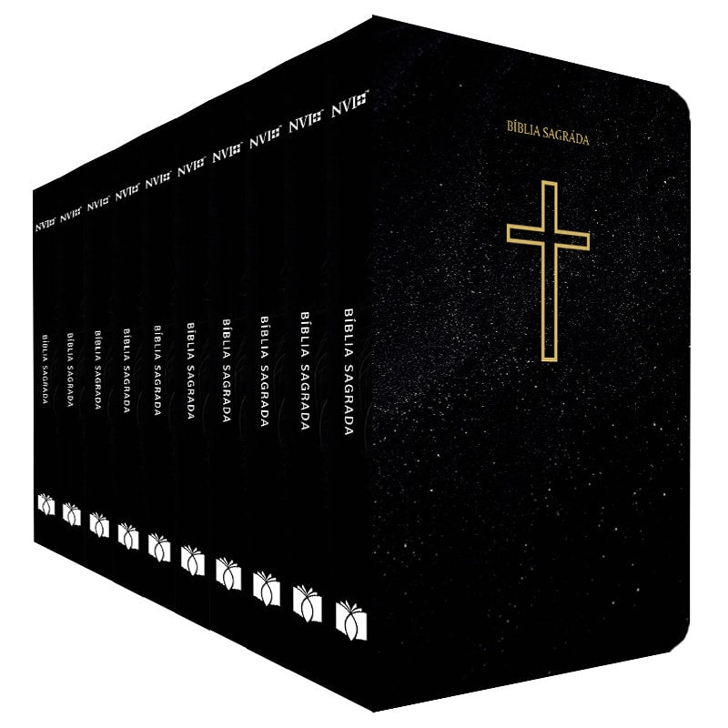 Kit de 10 Bíblias Sagradas Salvos pela Graça NVI, capa preta com cruz dourada. — Plenitude