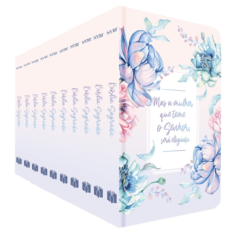 Kit de 10 Bíblias Sagradas NVI Mulher que Teme, capa dura com ilustração de flores azuis e rosas. — Plenitude