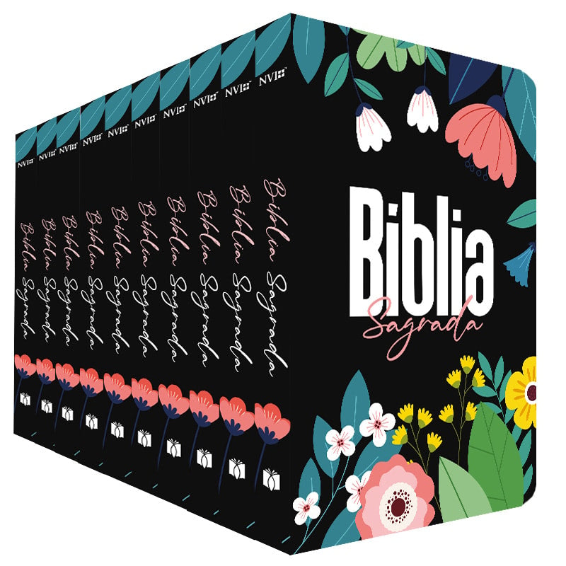 Kit de 10 Bíblias Sagradas NVI Jardim Alegre, com capas duras pretas e ilustrações coloridas de flores e folhas. — Plenitude