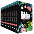 Kit de 10 Bíblias Sagradas NVI Jardim Alegre, com capas duras pretas e ilustrações coloridas de flores e folhas. — Plenitude