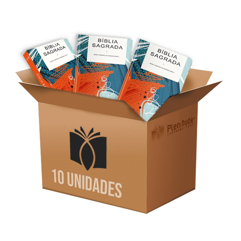 Caixa com 10 Bíblias Sagradas NVI Grafismo, com capas brancas e ilustrações abstratas em azul, laranja e vermelho. — Plenitude