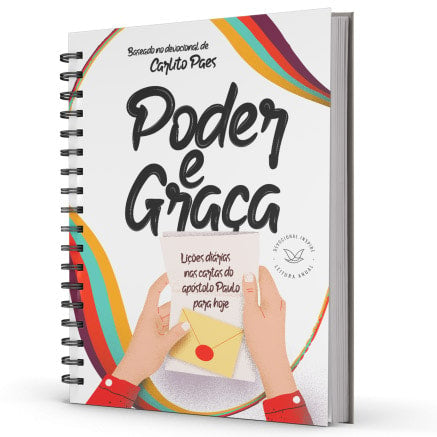Livro Devocional Poder e Graça Juniores, Carlito Paes, capa com espiral, fundo colorido e mãos segurando carta. — Plenitude