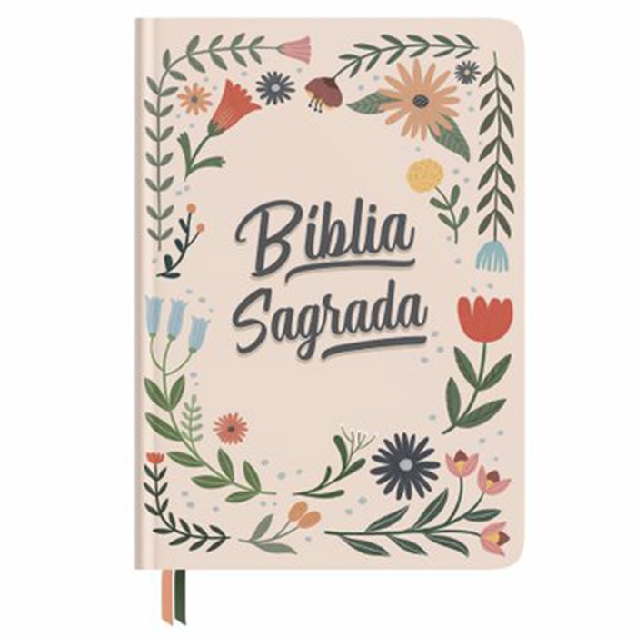 Bíblia Ilustrada Anote Meu Socorro NVT, capa dura rosa claro com estampa floral colorida e título "Bíblia Sagrada" em azul — Plenitude