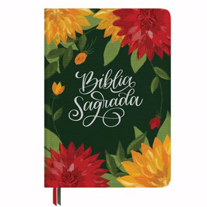 Bíblia Sagrada NVT, capa dura verde escura com flores vermelhas e amarelas, e texto "Bíblia Sagrada" em branco. — Plenitude.
