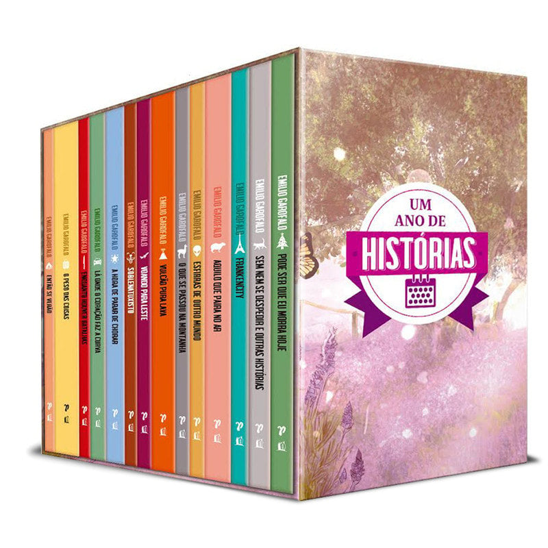 Box Um Ano de Histórias, Emilio Garofalo, caixa com livros coloridos e ilustração de árvore — Plenitude