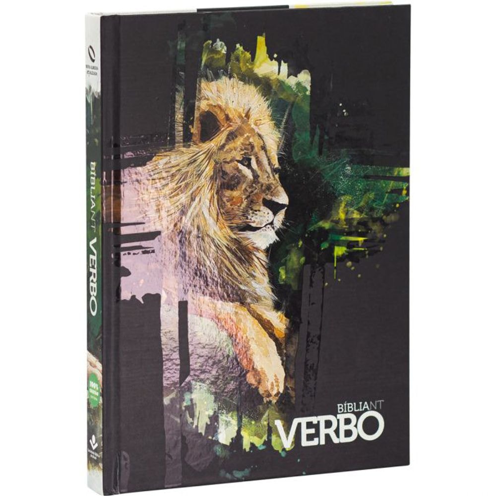 Bíblia NT Verbo NAA capa dura preta com ilustração de leão e detalhes em verde e amarelo. — Plenitude