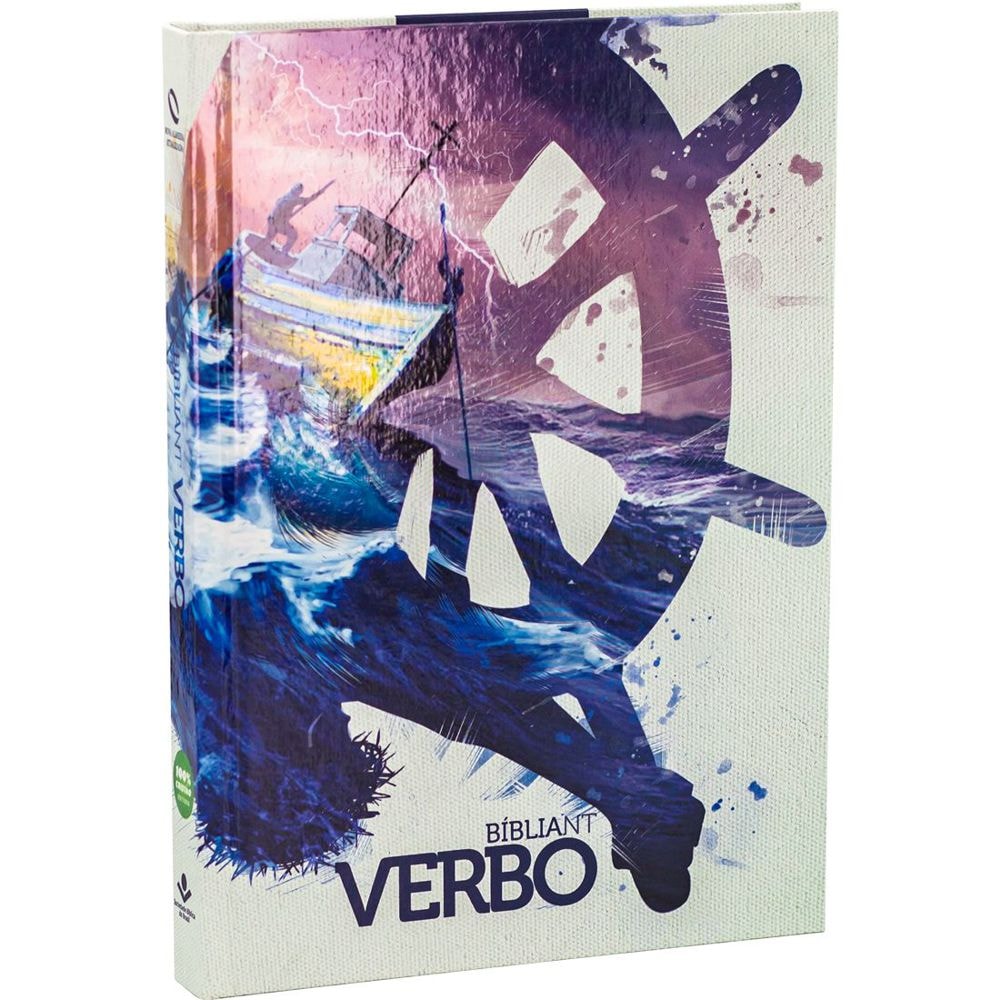 Bíblia NT Verbo NAA capa dura com ilustração de barco em tempestade e leme estilizado, tons de roxo e azul. — Plenitude.