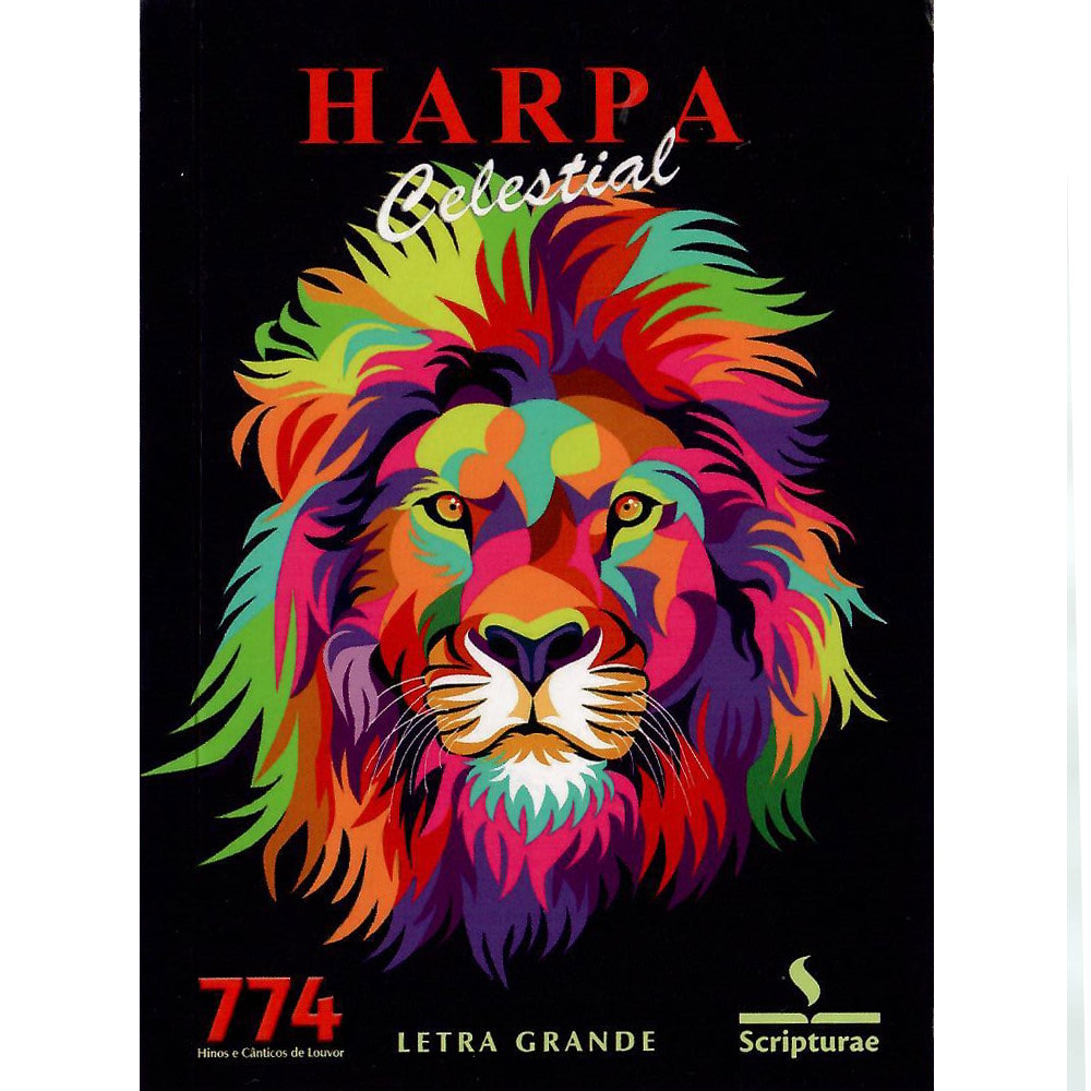 Harpa Celestial 774 Letra Grande, capa preta com leão colorido. — Plenitude