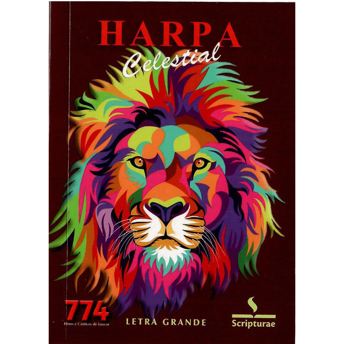 Harpa Celestial 774 Letra Grande, capa vinho com leão colorido. — Plenitude