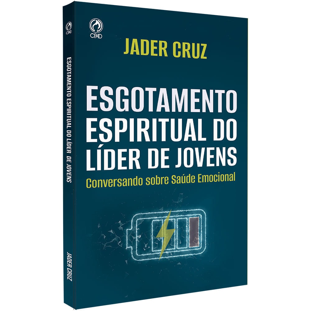 Livro "Esgotamento Espiritual de Jovens" de Jader Cruz, capa azul escura com ícone de bateria e raio. — Plenitude