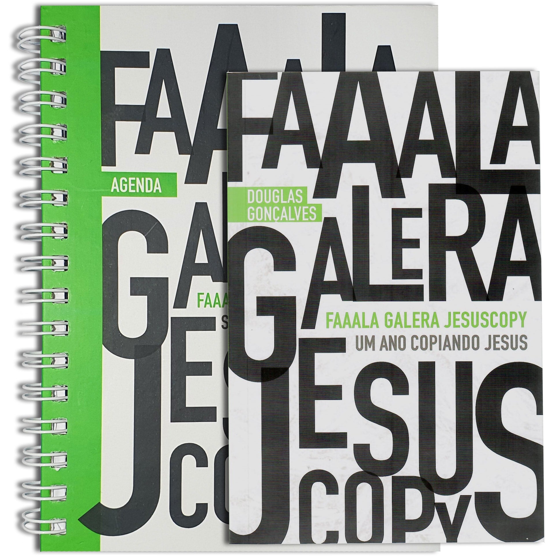 Kit Faaala Galera Jesus Copy | Livro + Agenda Espiral, com um livro e uma agenda, ambos com capa branca e letras pretas e verdes. — Plenitude