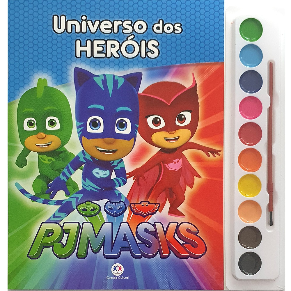 Livro de aquarela PJ Masks Universo dos Heróis, capa com os personagens PJ Masks e kit de aquarela — Plenitude