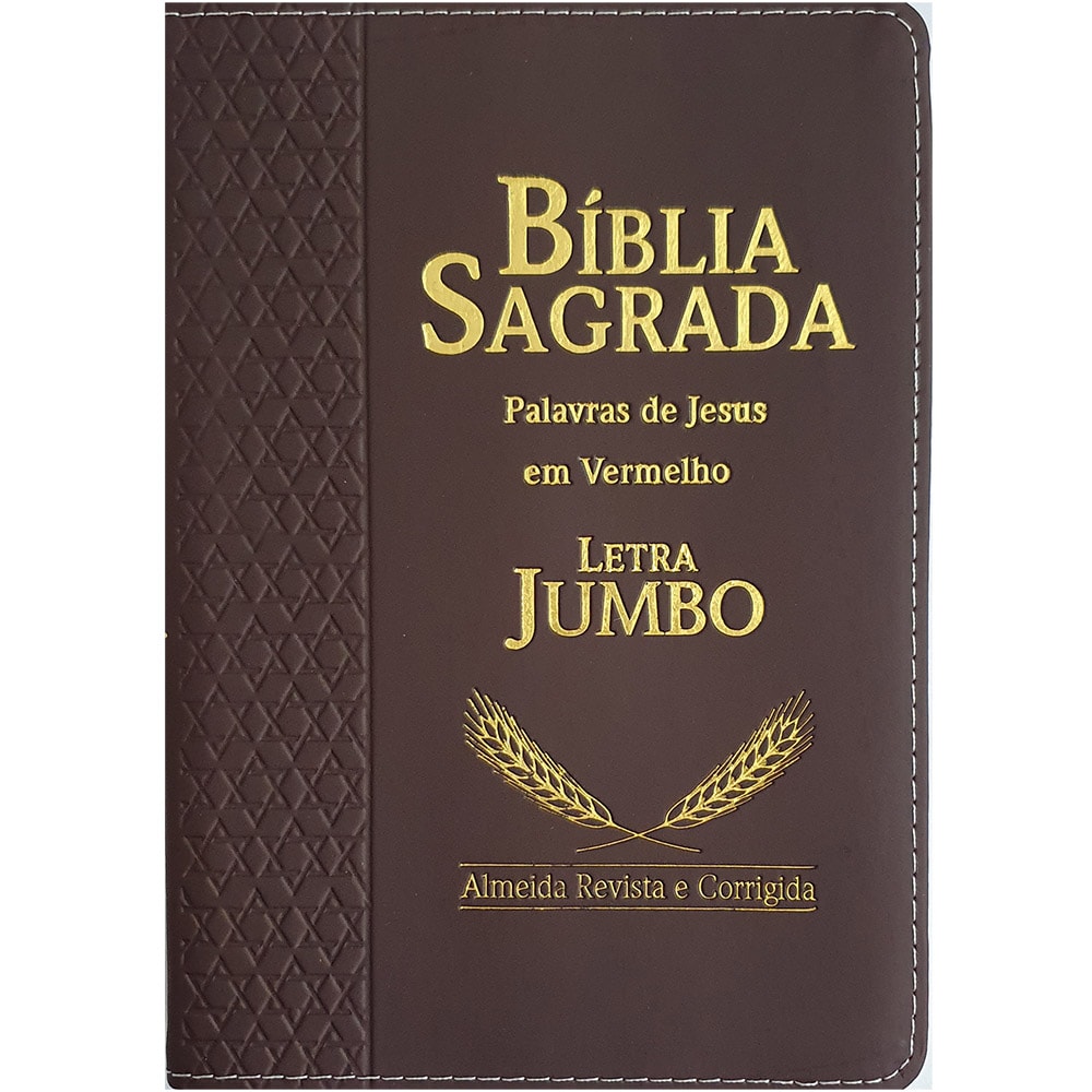 Bíblia Sagrada ARC Letra Jumbo, capa marrom com detalhes em relevo e letras douradas. — Plenitude