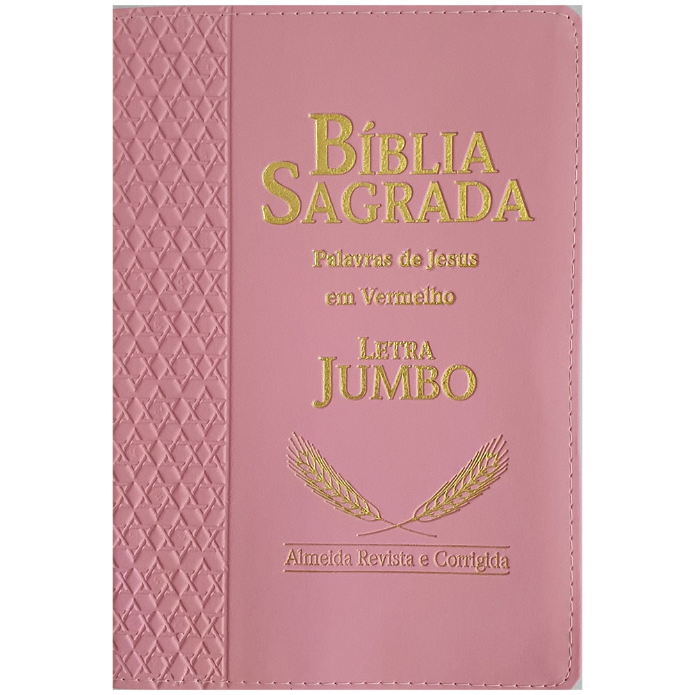 Bíblia Sagrada ARC Letra Jumbo, capa rosa com textura lateral e detalhes dourados. — Plenitude