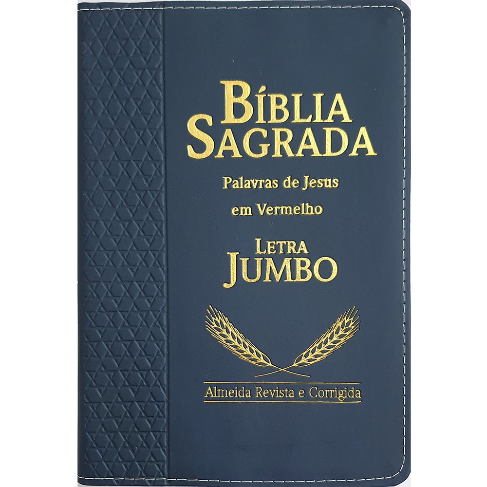 Bíblia Sagrada ARC Letra Jumbo, capa azul-marinho com textura geométrica e detalhes dourados de trigo. — Plenitude