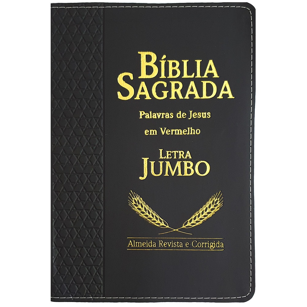 Bíblia Sagrada ARC Letra Jumbo, capa preta luxo com detalhes em dourado e textura lateral. — Plenitude